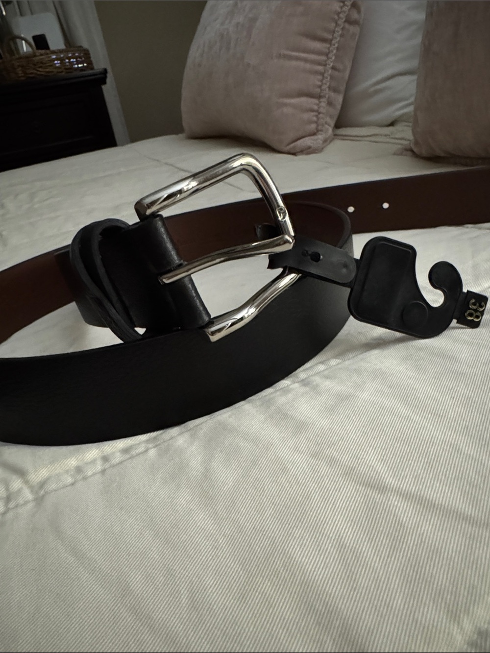 Men's Black Leather Belt with Polished Silver Buckle